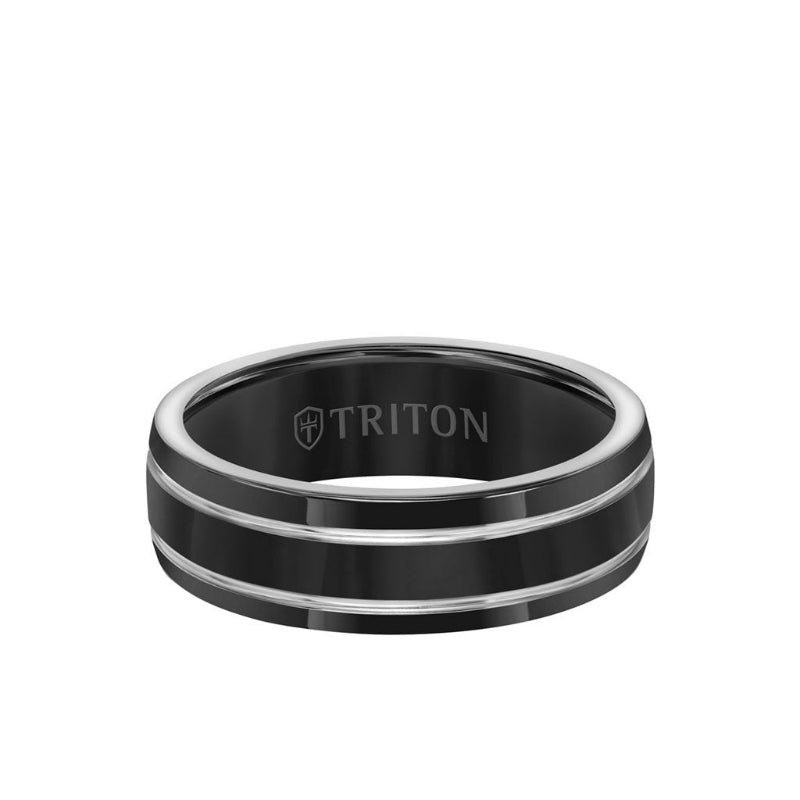 Triton 7MM Titanium Ring - Domed Black Satin Center and Bevel Edge