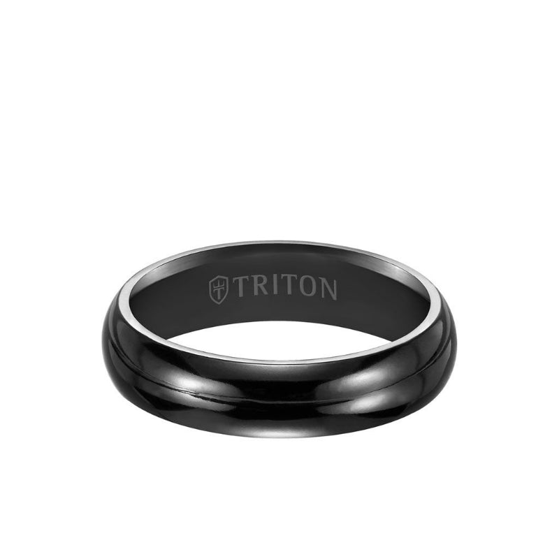 Triton 6MM Titanium Ring - Domed Black Satin Center and Bevel Edge