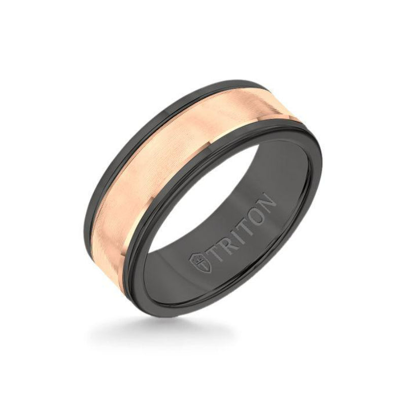 Triton 8MM Black Tungsten Carbide Ring - Linear 14K Rose Gold Insert with Round Edge