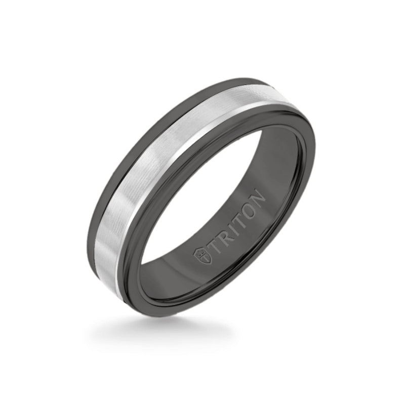 Triton 6MM Black Tungsten Carbide Ring - Linear 14K White Gold Insert with Round Edge
