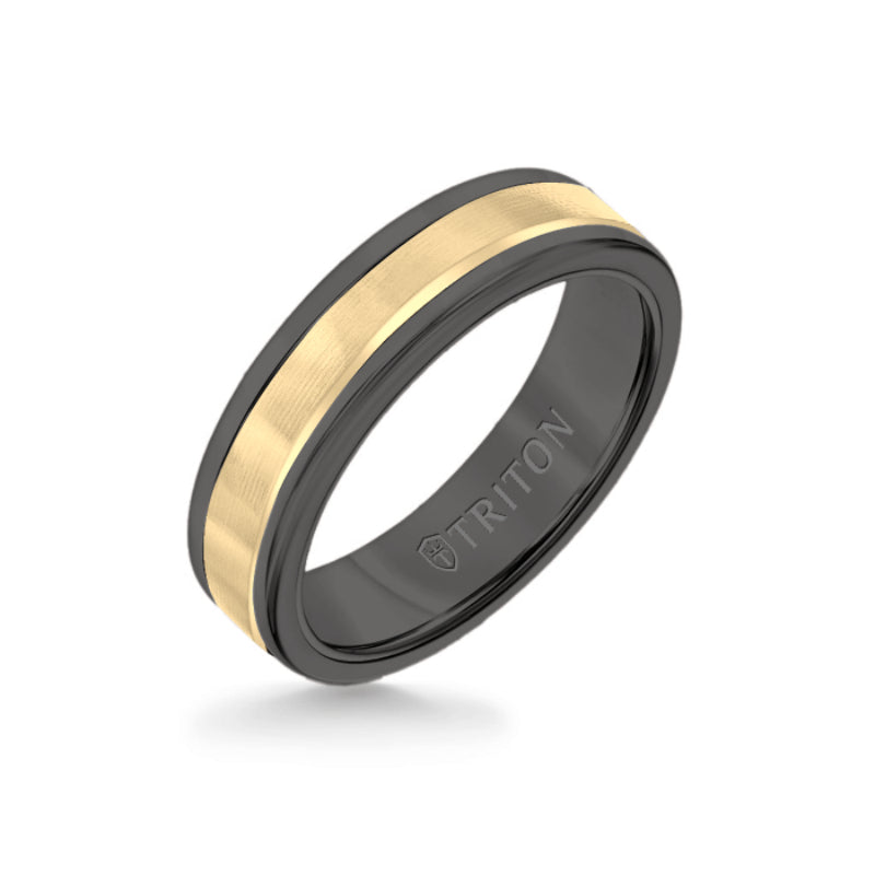 Triton 6MM Black Tungsten Carbide Ring - Linear 14K Yellow Gold Insert with Round Edge