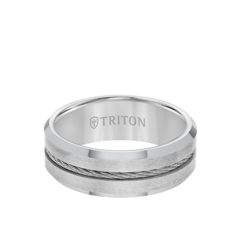 Triton 8MM Tungsten Carbide Ring - Steel Cable Center and Bevel