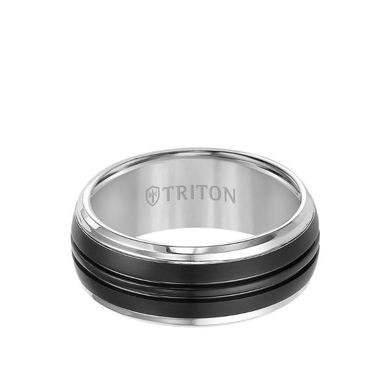 Triton 9MM Tungsten Carbide Ring - Black Brushed Center and Bevel Edge