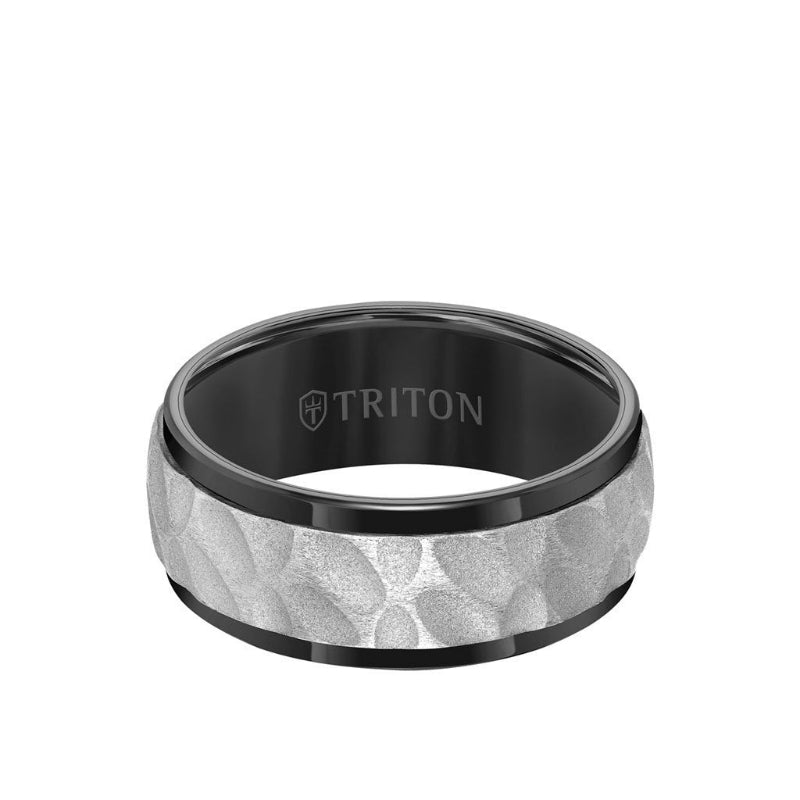 Triton 9MM Tungsten Carbide Ring - White Sandblasted Distressed Center and Bevel Edge