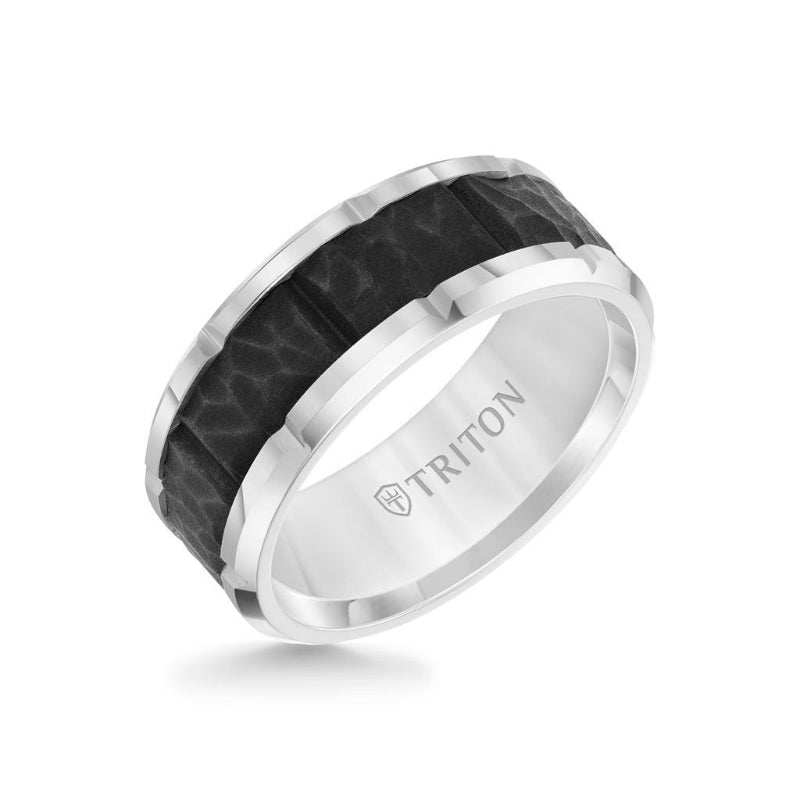 Triton 9MM Tungsten Carbide Ring - Black Sandblasted Center and Bevel Edge
