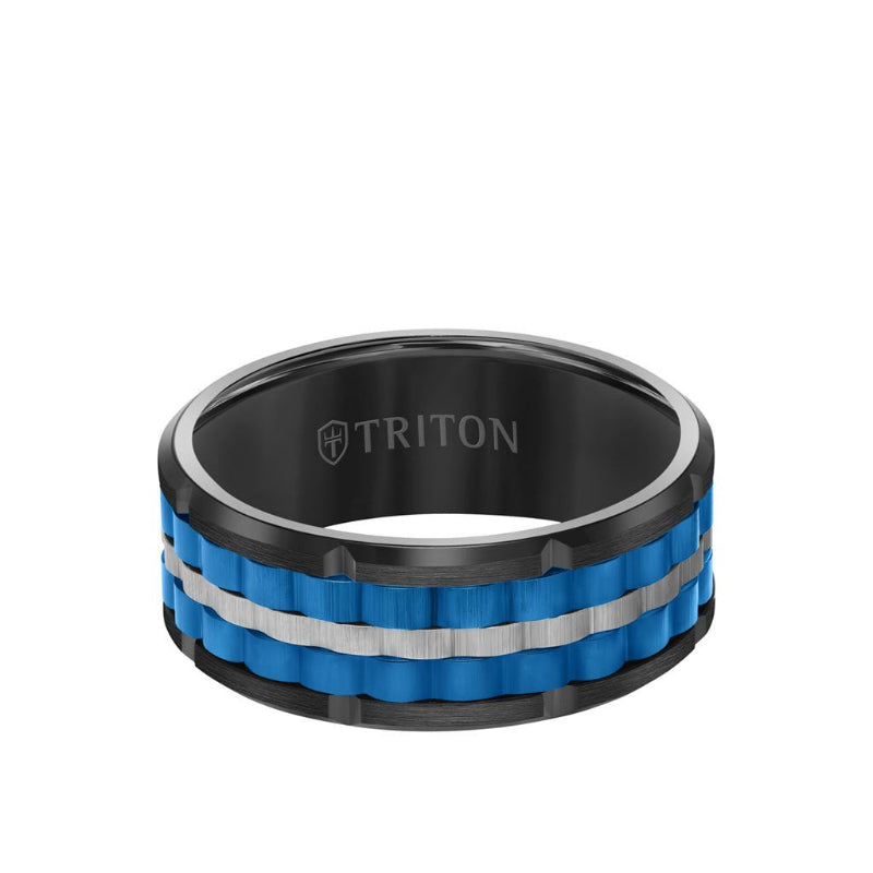 Triton 9MM Tungsten Carbide Ring - Basketweave Center & Bevel Edge