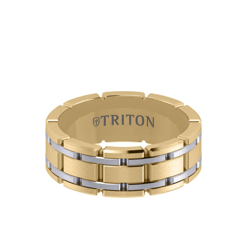 Triton 8MM 14K Gold Ring - Satin Finish Stitch Design and Flat Edge