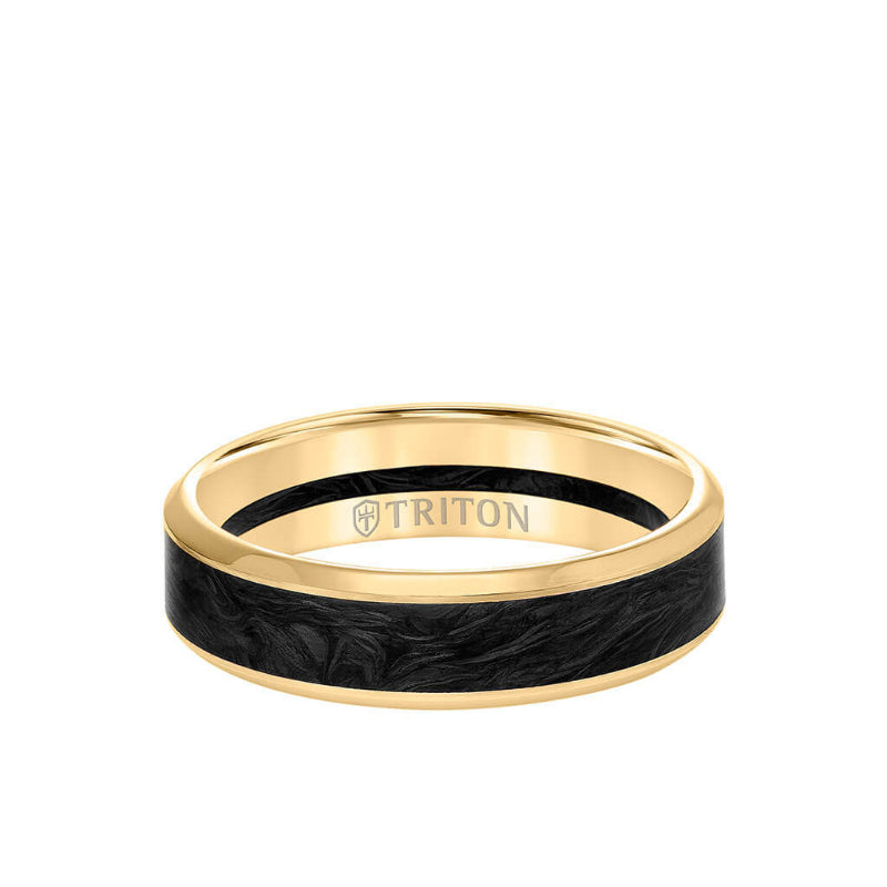 Triton 6MM 14K Gold Ring + Forged Carbon - Channel Center & Bevel Edge