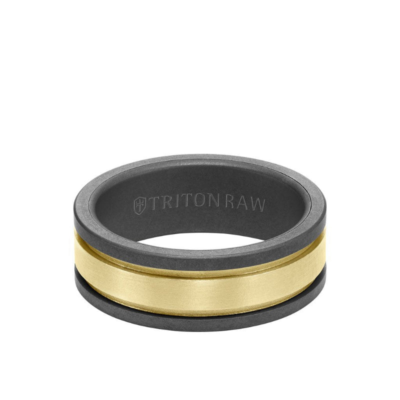 Triton 8MM Tungsten RAW + 14K Matte Yellow Gold Ring with Flat Edge