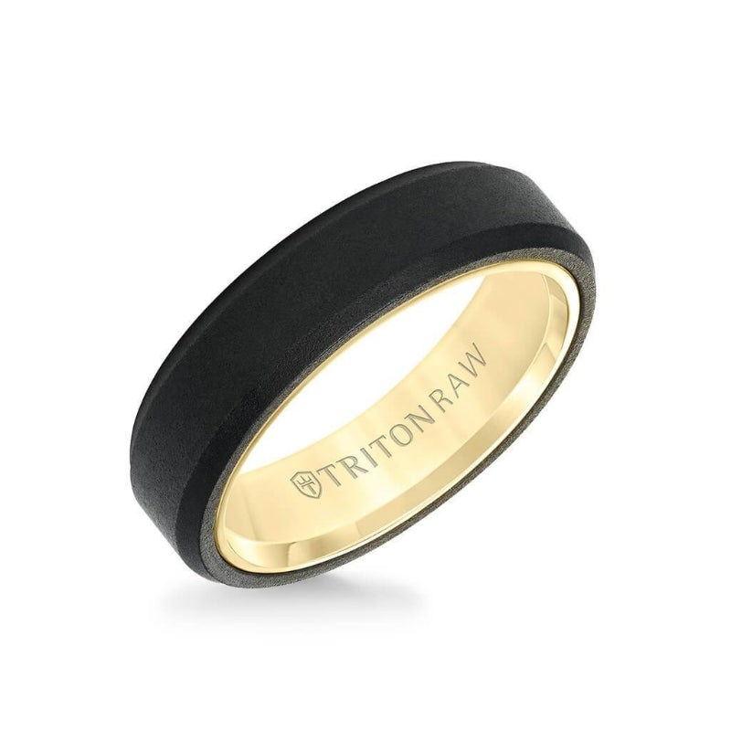 Triton 6MM Tungsten RAW Black DLC + 14K Yellow Gold Ring - Soft Sand Finish and Bevel Edge