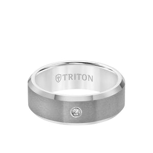 Triton 8MM Tungsten Diamond Ring - Solitaire Satin Finish Center and Bevel Edge