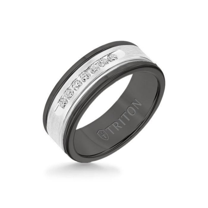 Triton 8MM Black Tungsten Carbide Ring - White Diamonds 14K White Gold Insert with Round Edge