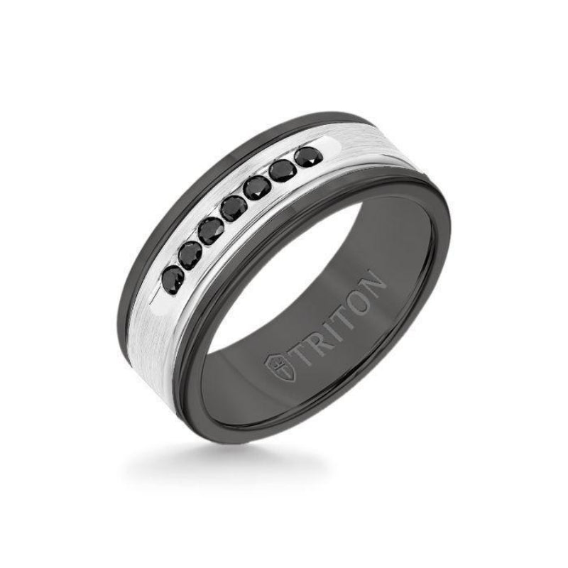 Triton 8MM Black Tungsten Carbide Ring - Black Diamonds 14K White Gold Insert with Round Edge