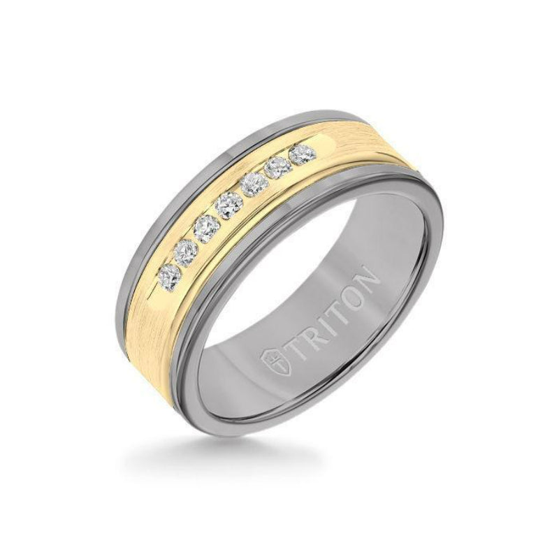 Triton 8MM Grey Tungsten Carbide Ring - White Diamonds 14K Yellow Gold Insert with Round Edge