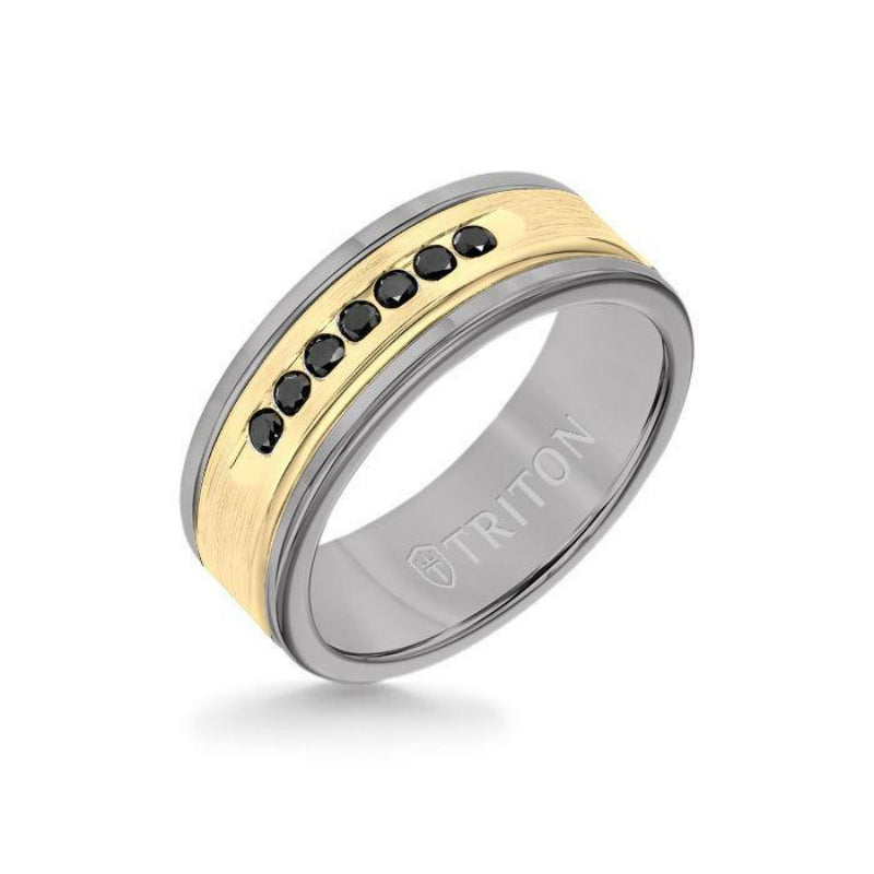 Triton 8MM Grey Tungsten Carbide Ring - Black Diamonds 14K Yellow Gold Insert with Round Edge