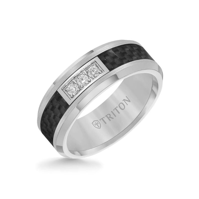 Triton 8MM 3 Stone Diamond Black Carbon Fiber Ring with Bevel Edge