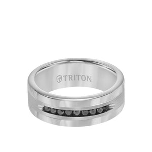 Triton 8MM Ring - Channel Set 1/4 ct Black Diamonds Silver Satin Finish and Round Edge