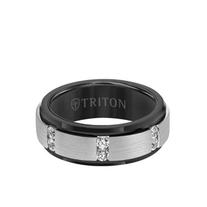Triton 8MM Tungsten Diamond Ring - Vertical Channel Set Silver Satin Finish and Bevel Edge