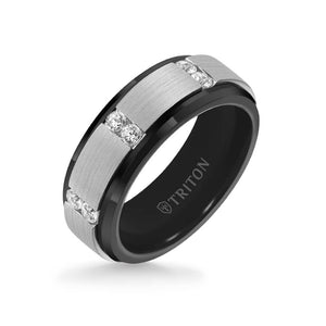 Triton 8MM Tungsten Diamond Ring - Vertical Channel Set Silver Satin Finish and Bevel Edge