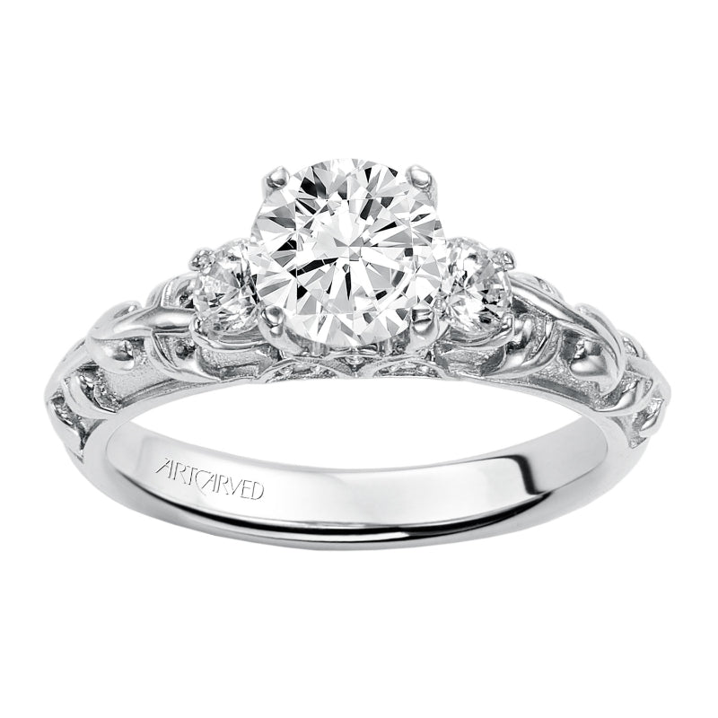 Artcarved Bridal Mounted with CZ Center Vintage 3-Stone Engagement Ring Avery 14K White Gold