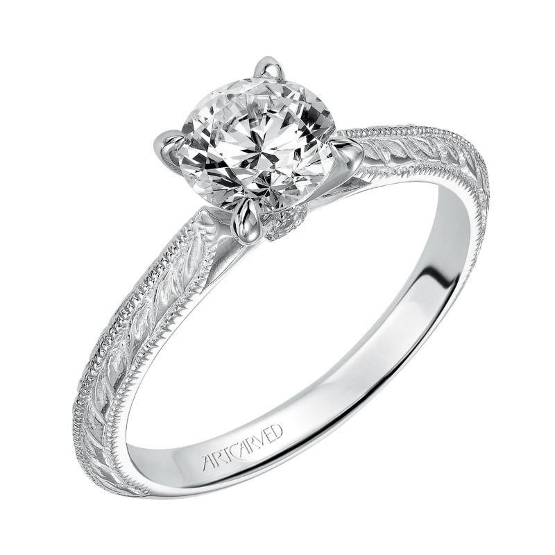 Artcarved Bridal Mounted with CZ Center Vintage Engraved Solitaire Engagement Ring Imani 14K White Gold