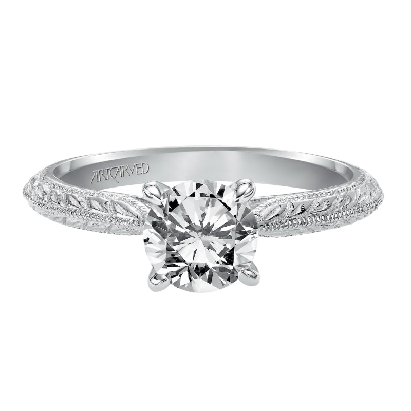 Artcarved Bridal Semi-Mounted with Side Stones Vintage Engraved Solitaire Engagement Ring Imani 14K White Gold