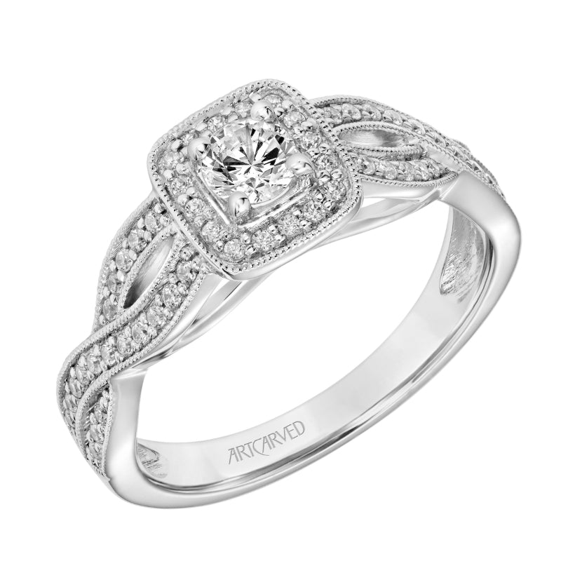 Artcarved Bridal Semi-Mounted with Side Stones Vintage One Love Engagement Ring Lizbeth 14K White Gold
