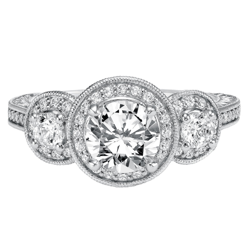 Artcarved Bridal Semi-Mounted with Side Stones Vintage Engraved 3-Stone Engagement Ring Ophelia 14K White Gold