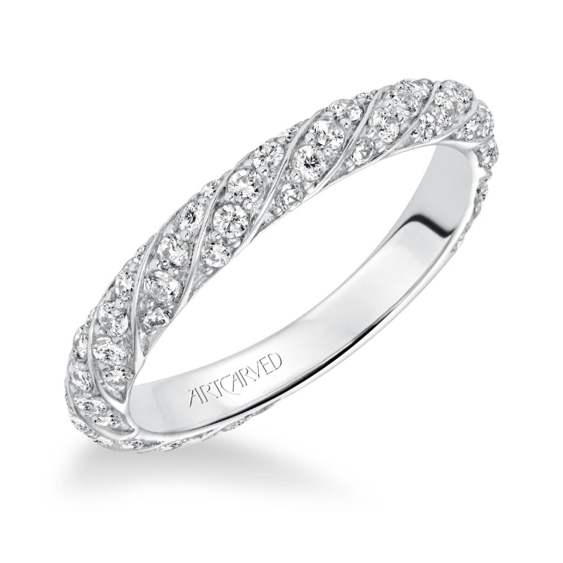 Artcarved Bridal Mounted with Side Stones Contemporary Twist Halo Diamond Wedding Band Bailey 14K White Gold