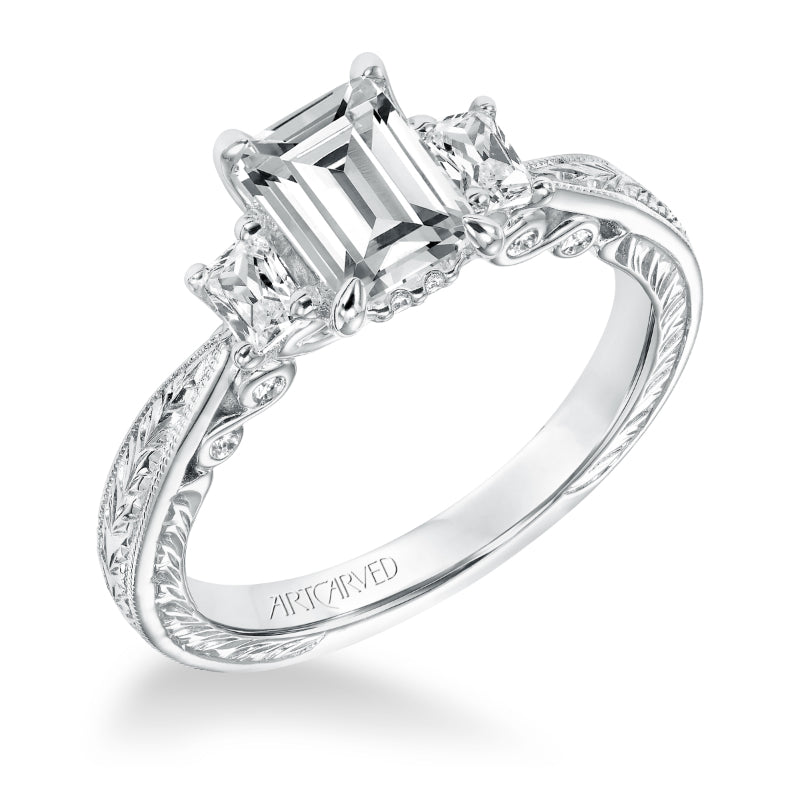 Artcarved Bridal Mounted with CZ Center Vintage Filigree 3-Stone Engagement Ring Iva 14K White Gold