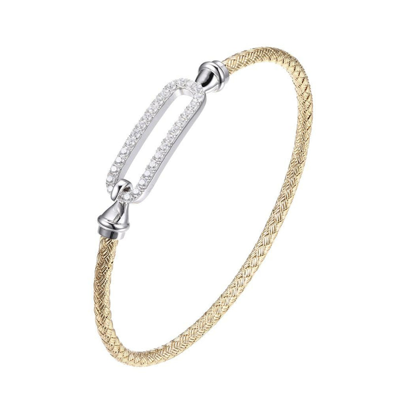Charles Garnier Sterling Silver 3mm Mesh Hook Bangle with CZ Link (24x8mm) in Center 2 Tone 18K Yellow Gold and Rhodium Finish