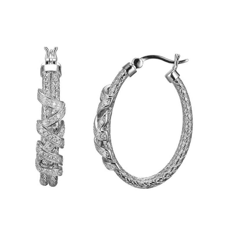 Charles Garnier Sterling Silver Double 2mm Mesh Earrings with CZ Oval approximate 3x22mm Rhodium Finish