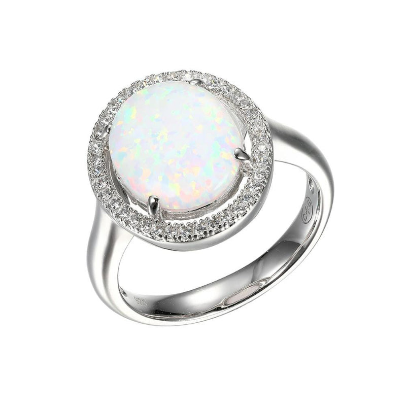 Charles Garnier Sterling Silver Ring with Synthetic Opal and CZ Size 6 Rhodium Finish