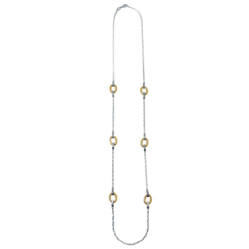 Charles Garnier Sterling Silver Necklace with Mesh and CZ 36'' Long 2 Tone 18K Yellow Gold  and Rhodium Finish