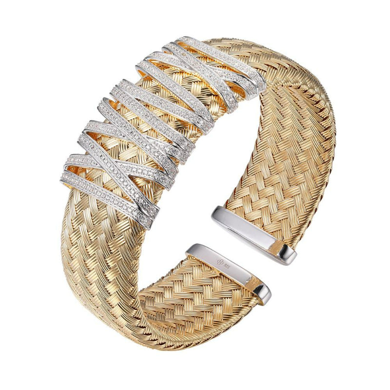 Charles Garnier Sterling Silver 23mm Mesh Cuff with CZ 2 Tone 18K Yellow Gold and Rhodium Finish