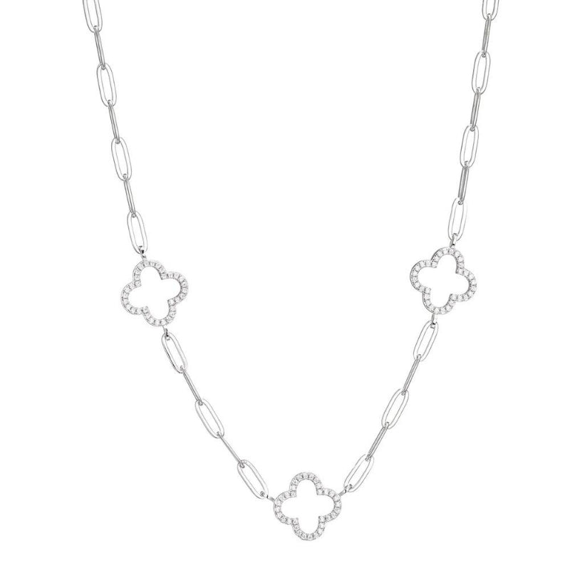 Charles Garnier Sterling Silver Necklace made with Paperclip Chain (3mm) and 3 CZ Clover (14X14mm) Stations