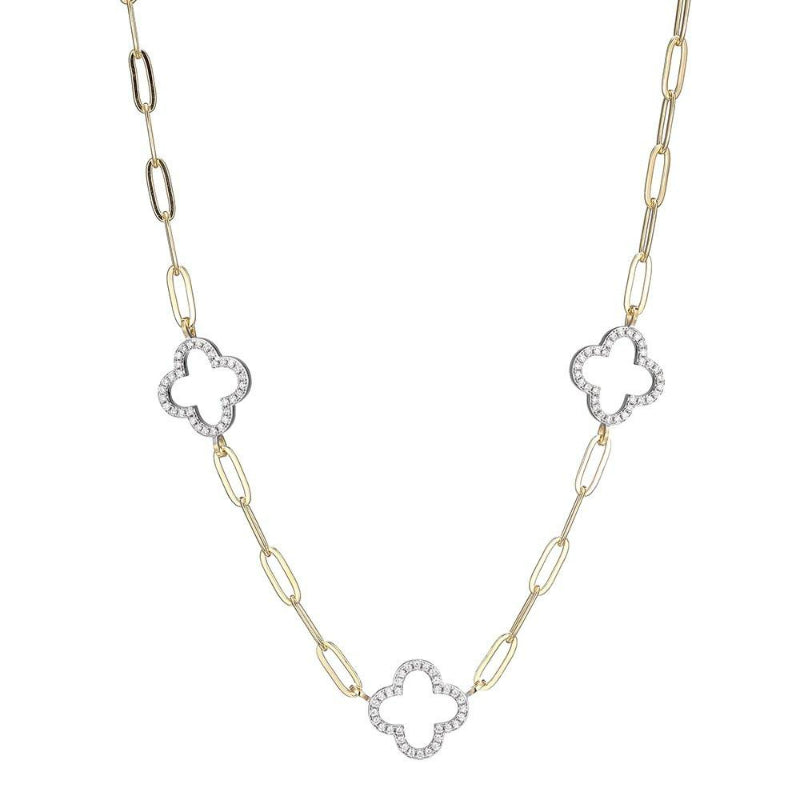 Charles Garnier Sterling Silver Necklace made with Paperclip Chain (3mm) and 3 CZ Clover (14X14mm) Stations