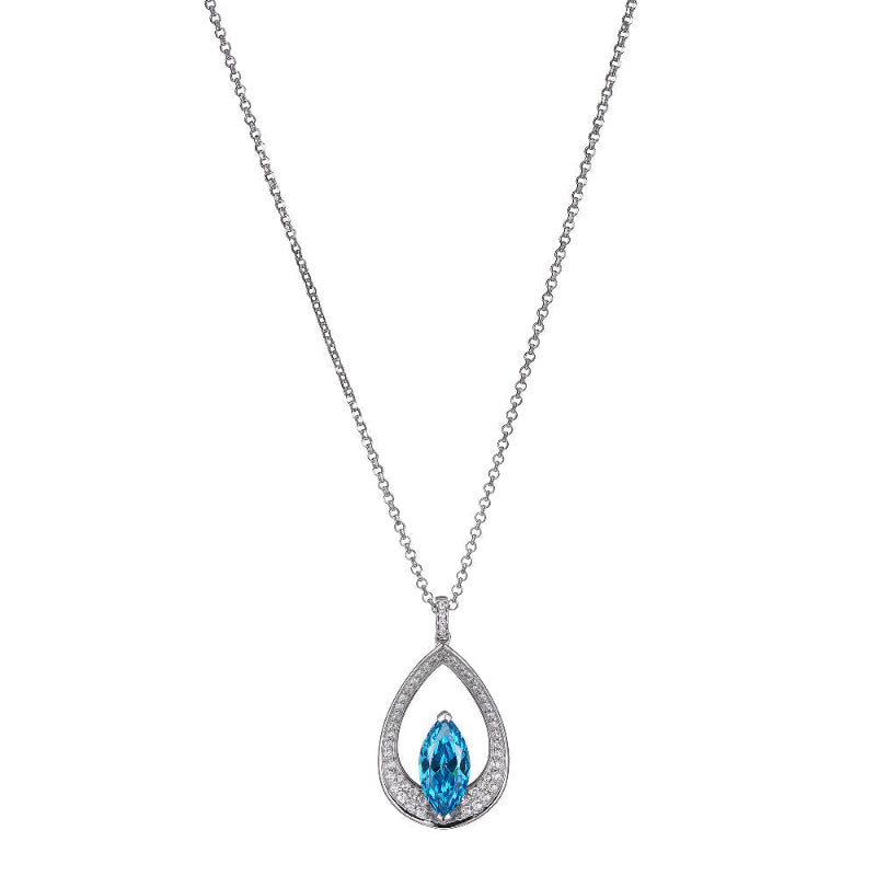 Charles Garnier Sterling Silver Necklace with Blue Topaz Color CZ (Marquise Shape 14X7mm) on Rolo Chain