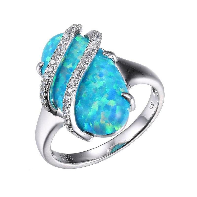 Charles Garnier Sterling Silver Ring with Synthetic Blue Opal (Stone Size 18x1mm) and CZ Size 6 Rhodium Finish