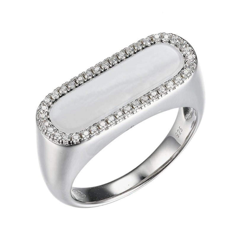 Charles Garnier Sterling Silver Ring with White Mother of Pearl (17x5mm) and CZ Size 6 Rhodium Finish