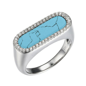 Charles Garnier Sterling Silver Ring with Synthetic Turquoise (17x5mm) and CZ Size 6 Rhodium Finish