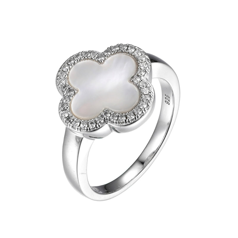 Charles Garnier Sterling Silver Ring with White Mother of Pearl (Clover Shape 11X11mm) and CZ Size 7 Rhodium Finish