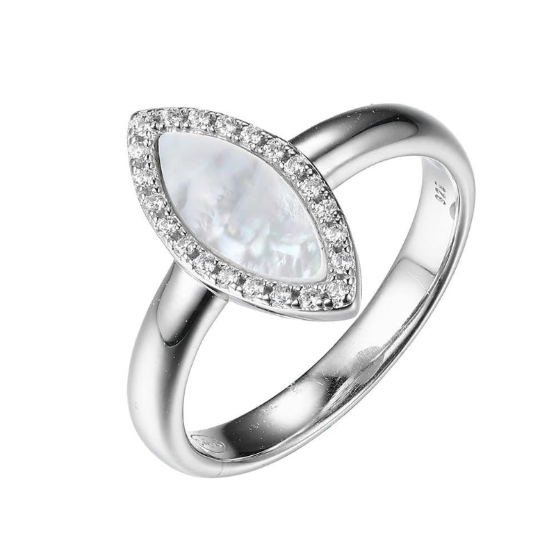 Charles Garnier Sterling Silver Ring made with Marquise Shape White Mother of Pearl (11x4.5x1mm) and CZ Size 6 Rhodium Finish