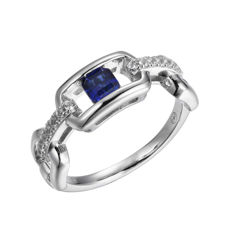 Charles Garnier Sterling Silver Paperclip Shape Ring with Lab-Created Blue Sapphire (Square Shape 4X4mm) and Lab-Created White Sapphire