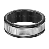 Triton 8MM White Tungsten Carbide Ring - Serrated Vertical Cut 14K White Gold Insert with Round Edge
