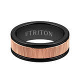 Triton 8MM Black Tungsten Carbide Ring - Vertical Geometric 14K Rose Gold Insert with Round Edge