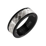 Triton 8MM Black Tungsten Carbide Ring - Diagonal Brick 14K White Gold Insert with Round Edge