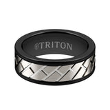 Triton 8MM Black Tungsten Carbide Ring - Diagonal Brick 14K White Gold Insert with Round Edge