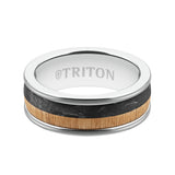 Triton 8MM White Tungsten Carbide Ring - Forged Carbon and Maple Wood Dome Fusion Insert with Round Edge