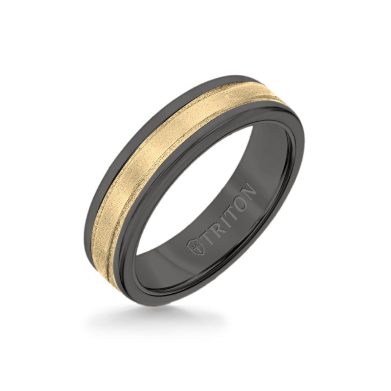 Triton 6MM Black Tungsten Carbide Ring - Step Edge 14K Yellow Gold Insert with Round Edge